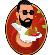 a man with a beard and sunglasses is holding a plate with food on it