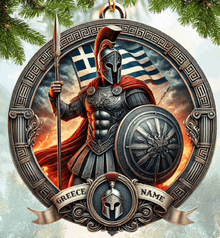 a christmas ornament with a spartan holding a flag and a shield