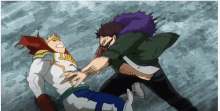 a man in a purple jacket is fighting another man