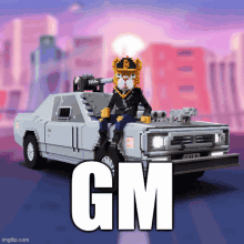 a pixel art of a man in a crown sitting on a car with the word gm below him