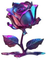 a purple rose with a blue stem and leaves on a white background