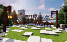 a screenshot of a minecraft game with a bridge and lanterns