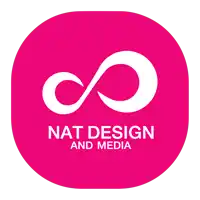 a pink logo for nat design and media with a white infinity symbol