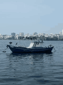 a blue and white boat with birds on the deck is floating on a body of water with a city in the background