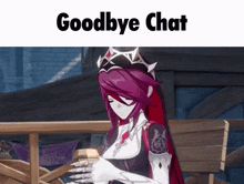 a purple haired anime character with the words goodbye chat on the bottom