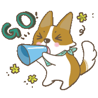 a cartoon drawing of a dog holding a megaphone with the word go in the background