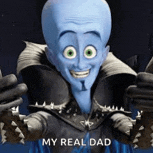 a cartoon character from the movie megamind is smiling and holding his hands up .