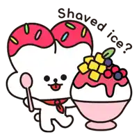 a cartoon character holding a spoon next to a shaved ice