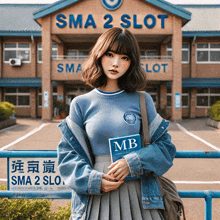 a girl stands in front of a sma 2 slot building