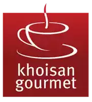 a logo for khoisan gourmet has a cup of coffee on a saucer