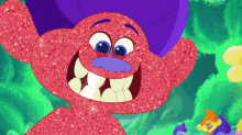 a red troll with purple hair is smiling with a green background behind him