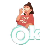 a girl wearing glasses and a shirt that says " stay cool "