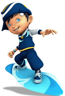 a cartoon character with braces on his teeth is riding a blue surfboard