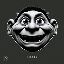 a black and white drawing of a smiling troll