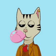 a cat wearing a suit and tie blowing a pink bubble gum