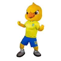 a yellow duck mascot wearing a soccer uniform with the number 10 on it