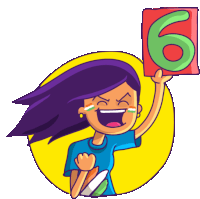 a cartoon of a girl holding up a card with the number 6 on it