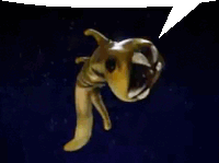 a skeleton of a dinosaur is floating in space with a speech bubble behind it .