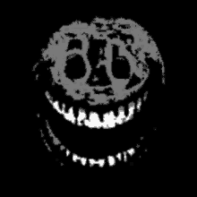 a black and white image of a skull with a smiling face and teeth on a black background .