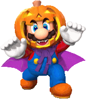 a cartoon character dressed as mario with a pumpkin head