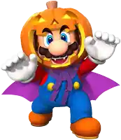 a cartoon character dressed as mario with a pumpkin head