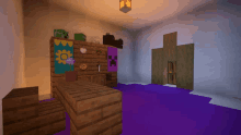 a room in a minecraft game with a creeper hanging on the wall