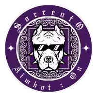 a purple and white logo with a dog wearing sunglasses