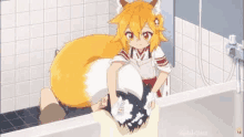 a fox girl is taking a bath in a bathtub with a person .