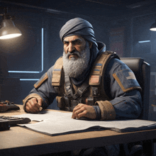 a man with a beard is sitting at a desk with a book