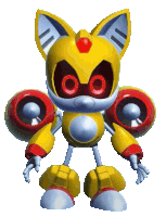 a yellow and silver robot with red eyes and red wheels