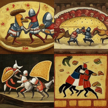 a collage of four paintings shows a knight riding a horse with a taco on his head