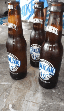 three bottles of polar beer are sitting on a table