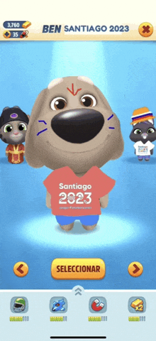 a talking dog is wearing a red shirt that says santiago 2023