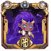 a cartoon character with purple hair and the word leo on the bottom