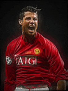 a soccer player in a red shirt is screaming in the air .