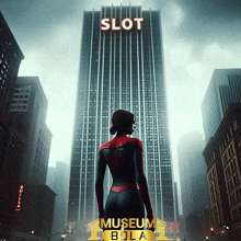 a woman in a superhero costume stands in front of a building that says slot on it