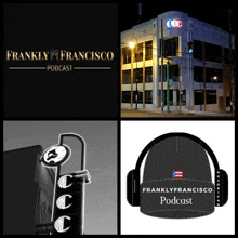 a frankly francisco podcast logo with a picture of a building and a hat