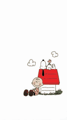 snoopy , charlie brown and woodstock are sitting in front of a red house .