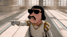 a cartoon character with sunglasses and a mustache pointing