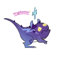 a cartoon drawing of a purple dinosaur with kryptomon written on it