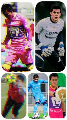 a collage of four soccer players one of whom is wearing a dhl jersey