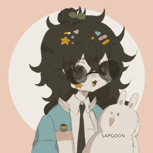 a drawing of a girl wearing sunglasses and holding a stuffed rabbit with the name sapgoon on it