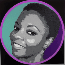 a black and white portrait of a woman in a purple and blue circle