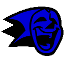 a blue and black drawing of a sonic the hedgehog with a laughing face .