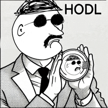 a black and white drawing of a man holding a round object with the word hodl on it