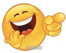 a yellow smiley face is laughing and pointing at the camera with the word agreed below it