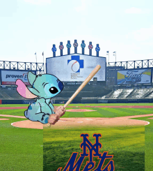 stitch is holding a baseball bat in front of a mets baseball stadium