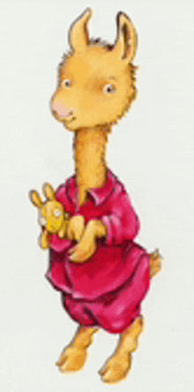 a cartoon llama is holding a stuffed animal in its arms .