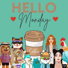 a poster that says hello monday with cartoon characters