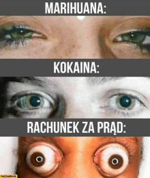 a picture of a woman 's eyes with the words marihuana kokaina and rachunek za prąd